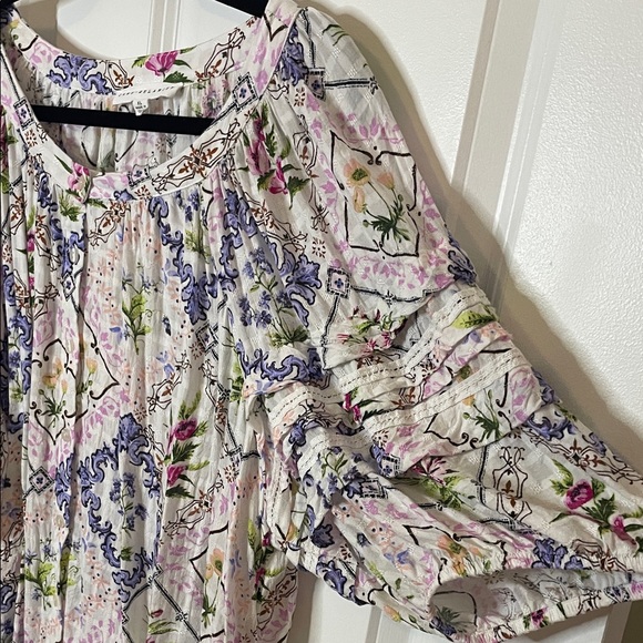 Jane Delancey Top Womens Size XL Puff Sleeve Floral Patchwork Frames Colorful - Picture 3 of 7
